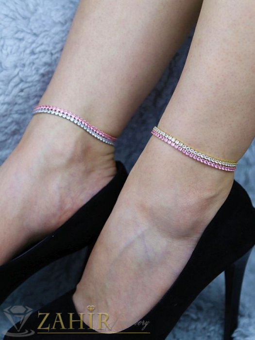 Дамски бижута - Кристална гривна за крак с нежни червени камъчета, ластична, става за всеки глезен, сребриста или златиста основа - GK1302